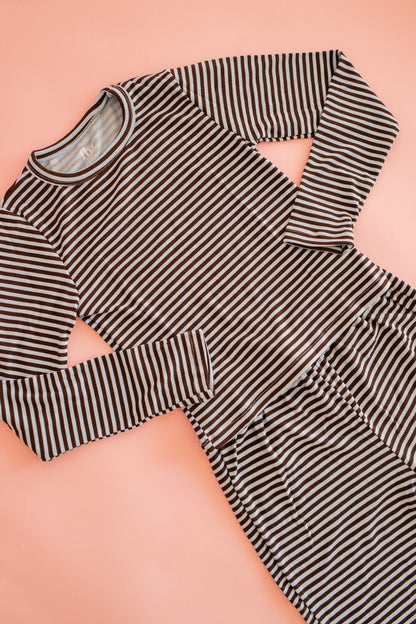 Rib Long Sleeve | Baby Blue and Brown Stripe