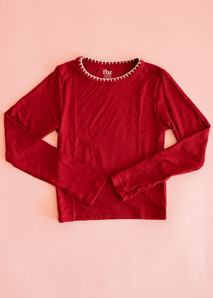 Rib Long Sleeve | Maroon with Blanket Stitch