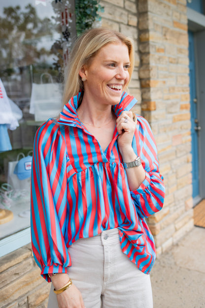 Red & Blue Ruffle Collar Top