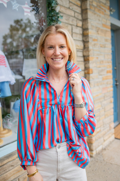 Red & Blue Ruffle Collar Top