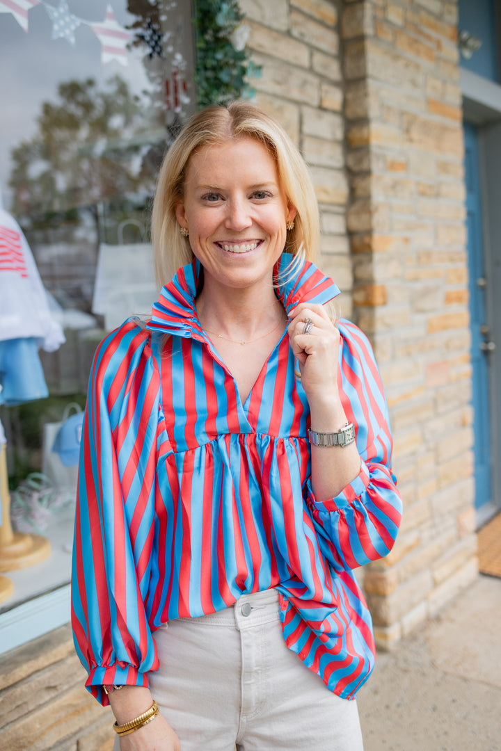 Red & Blue Ruffle Collar Top