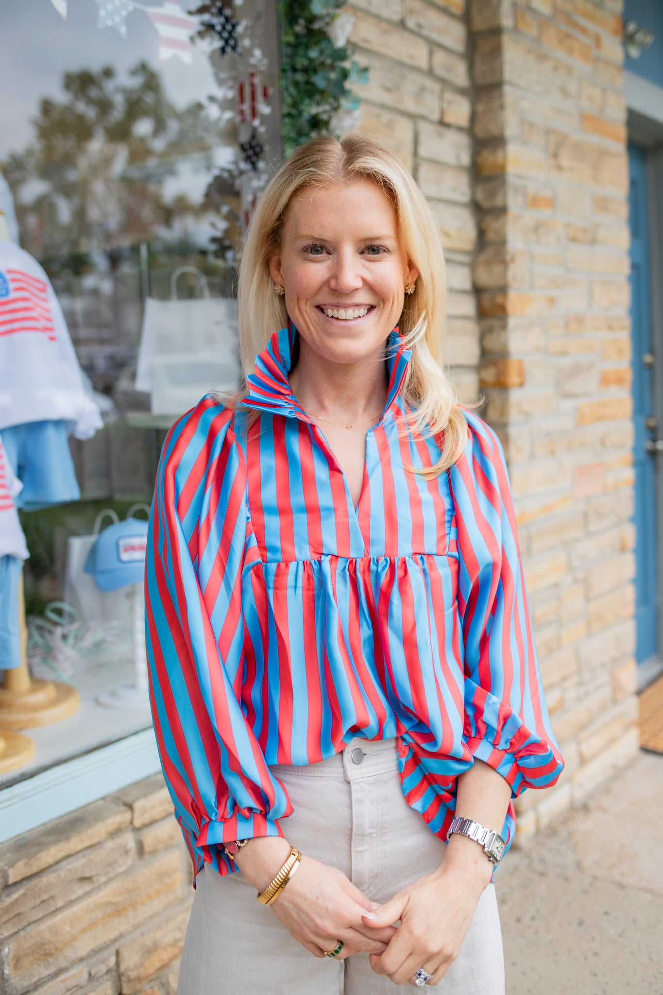 Red & Blue Ruffle Collar Top