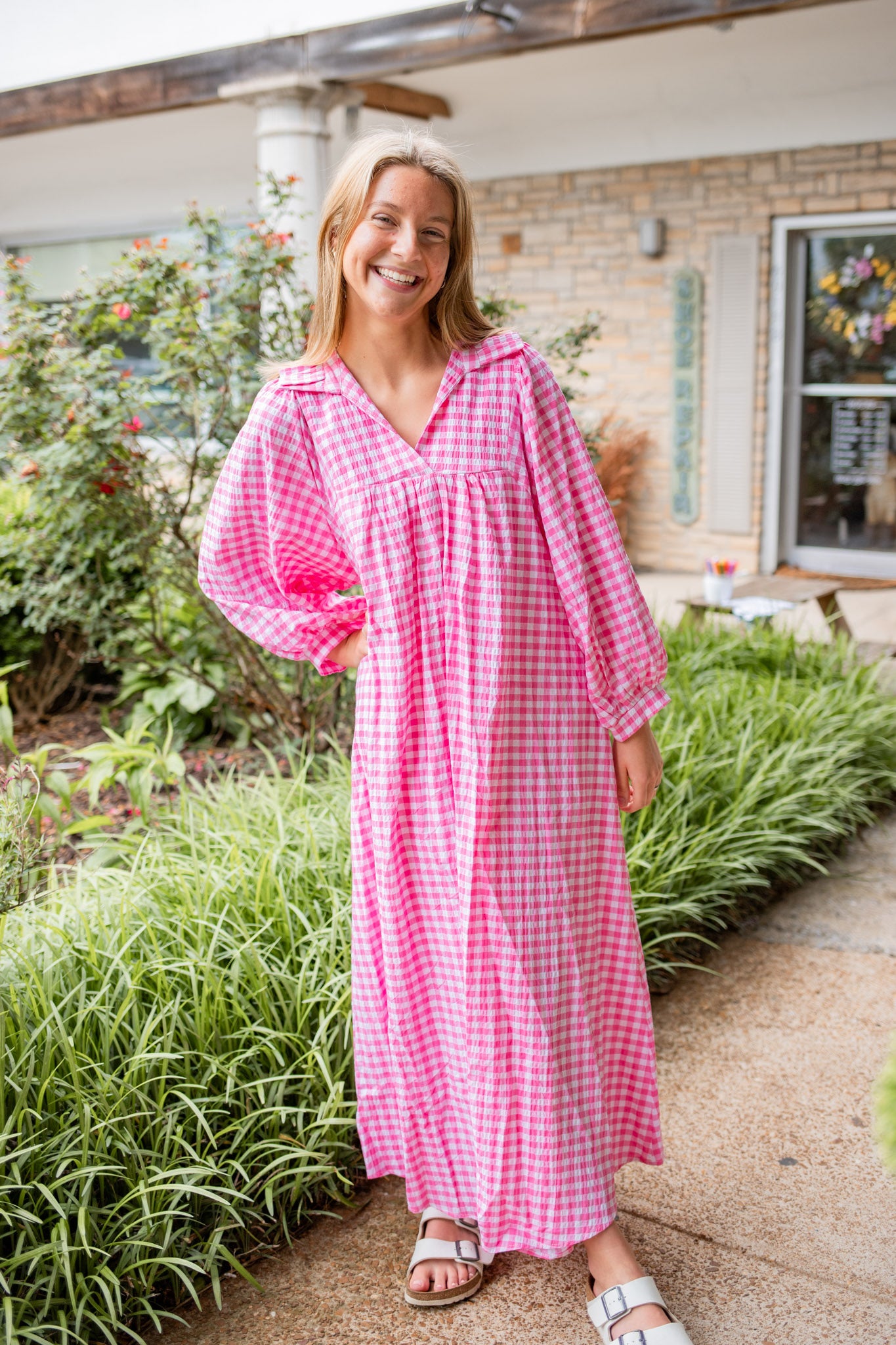Pink Seersucker Gingham Midi Dress