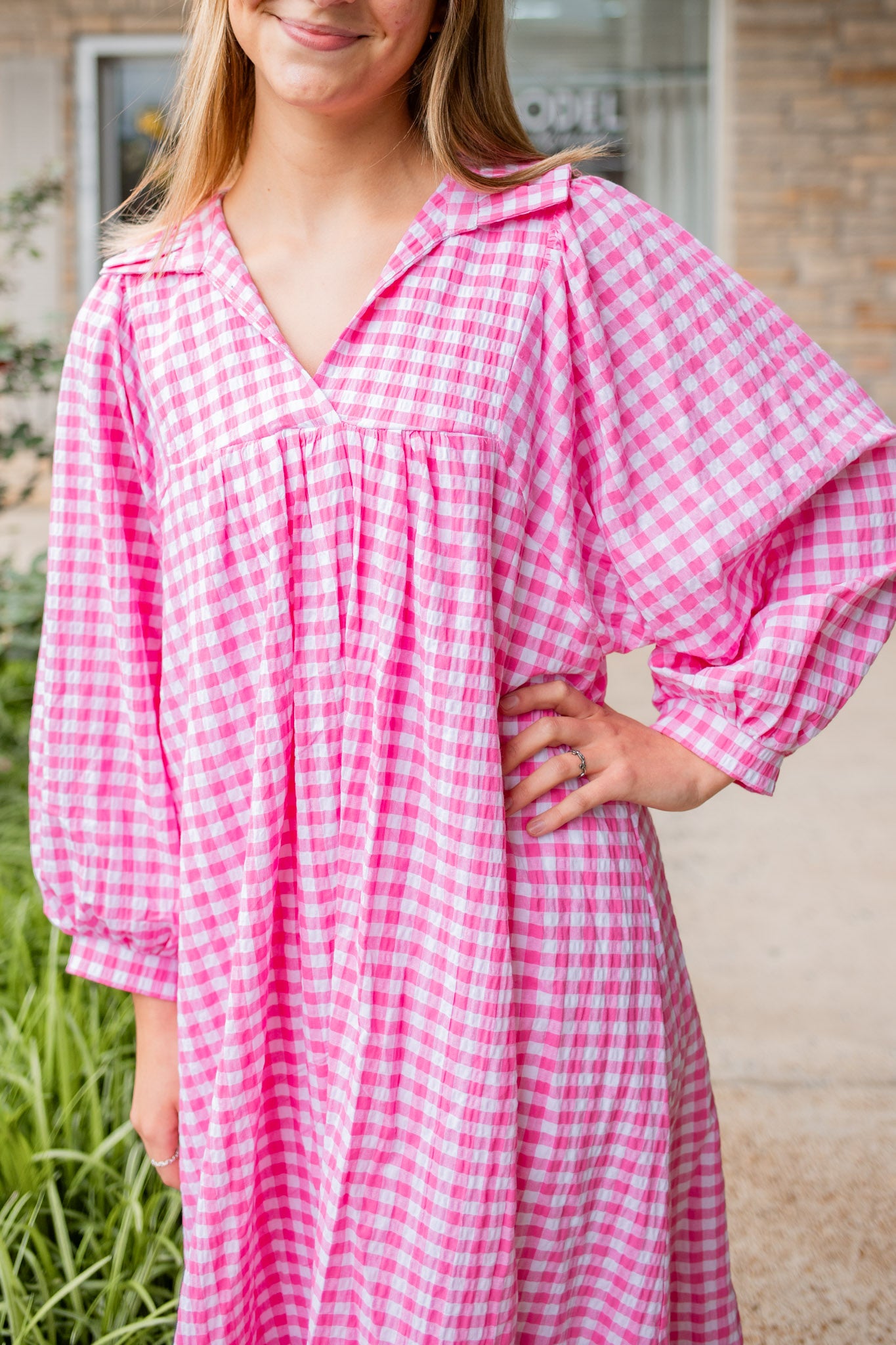Pink Seersucker Gingham Midi Dress