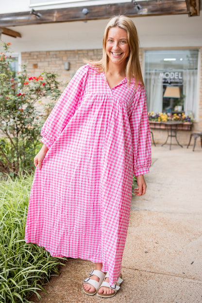 Pink Seersucker Gingham Midi Dress