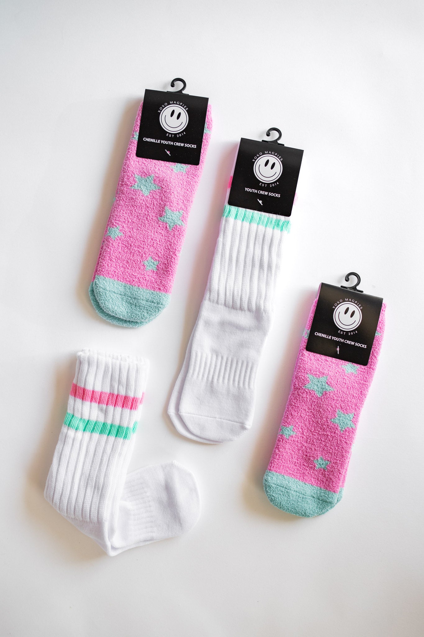 XOXO by Magpies Crew Socks | Pink + Aqua Stripe