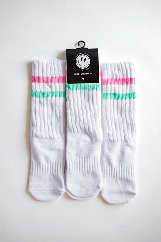 XOXO by Magpies Crew Socks | Pink + Aqua Stripe