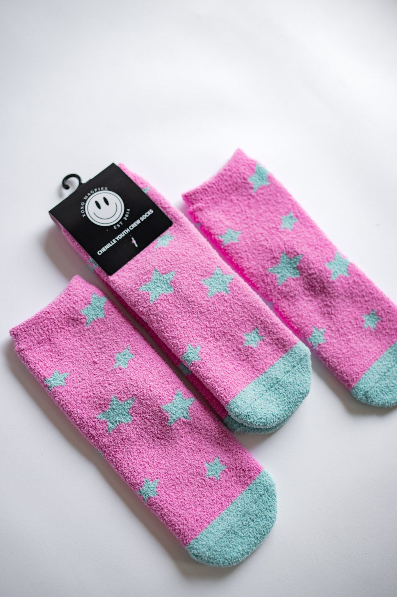 XOXO by Magpies Fuzzy Sock | Pink + Aqua Star