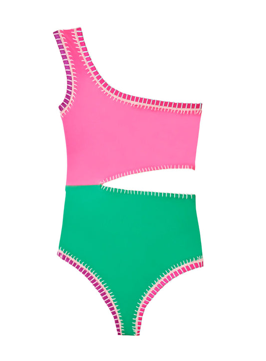 Rainbow Embroidered Cut Out One Piece| Kelly Green / Hot Pink