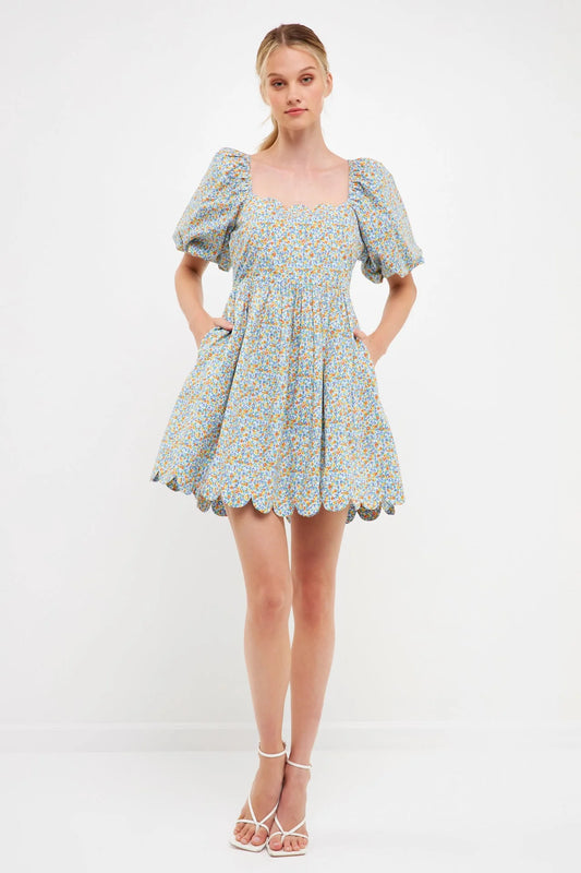 Floral Puff Sleeve Scalloped Dress