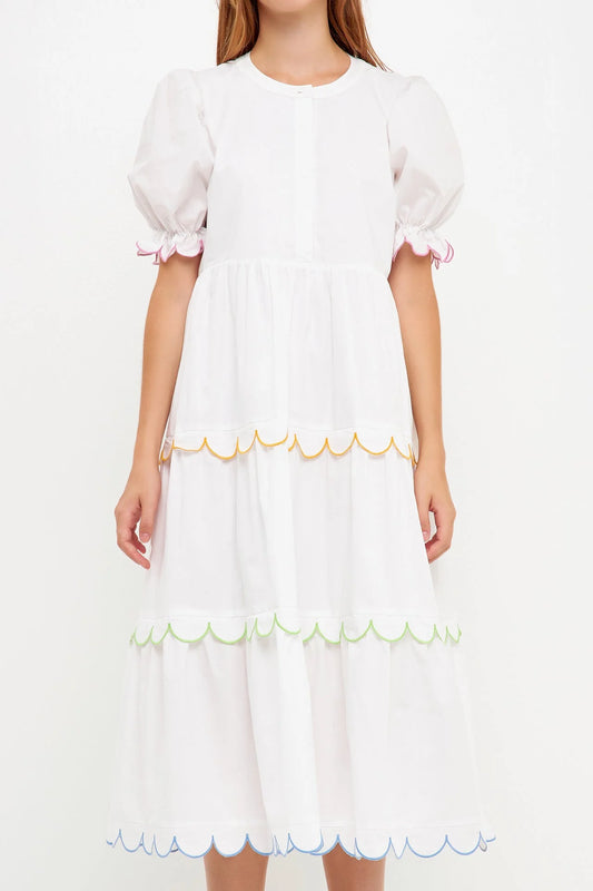 Scalloped Edge Midi Dress | White Multi