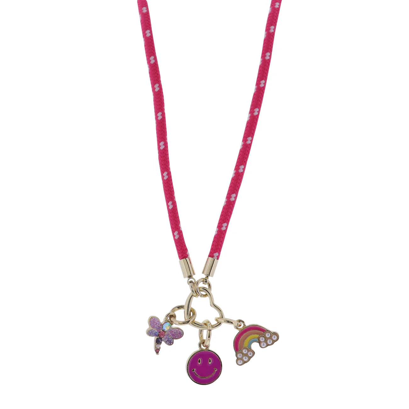 Hot Pink Rope Necklace | Smiley Face, Rainbow, & Dragon Fly Charms