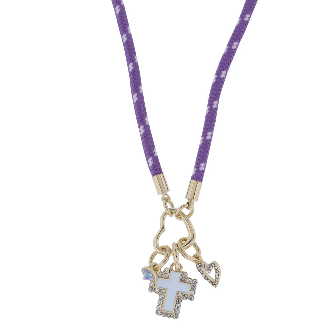 Purple Rope Necklace | Cross, Confetti Globe, & Crystal Hearts