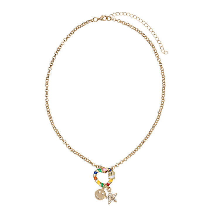 Gold O Cross Chain Necklace with Multi Heart Carabiner | Happy Face & Star