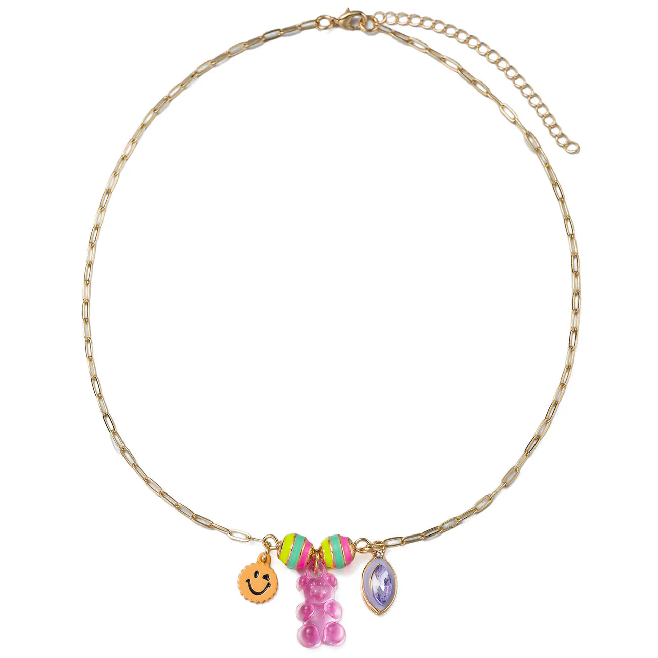 Paperclip Chain Necklace | Gummy Bear, Happy Face, & Purple Crystal Charms