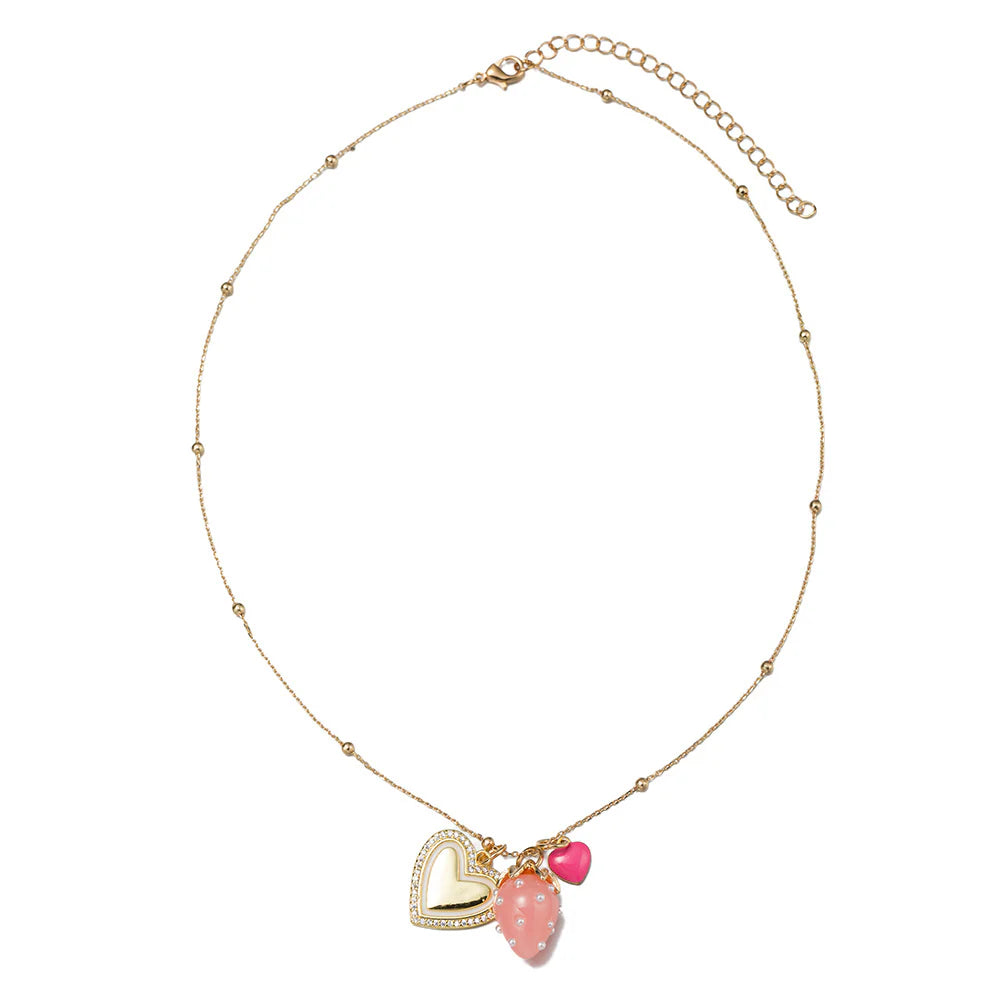 Ballchain Chain Necklace | Strawberry, Pink Heart, & Gold Heart Charms