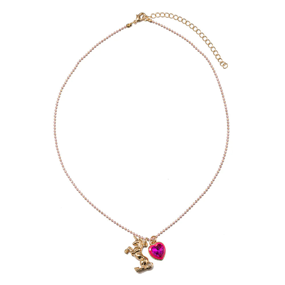 Pink Ballchain Chain Necklace | Pink Crystal Heart & Unicorn Charms