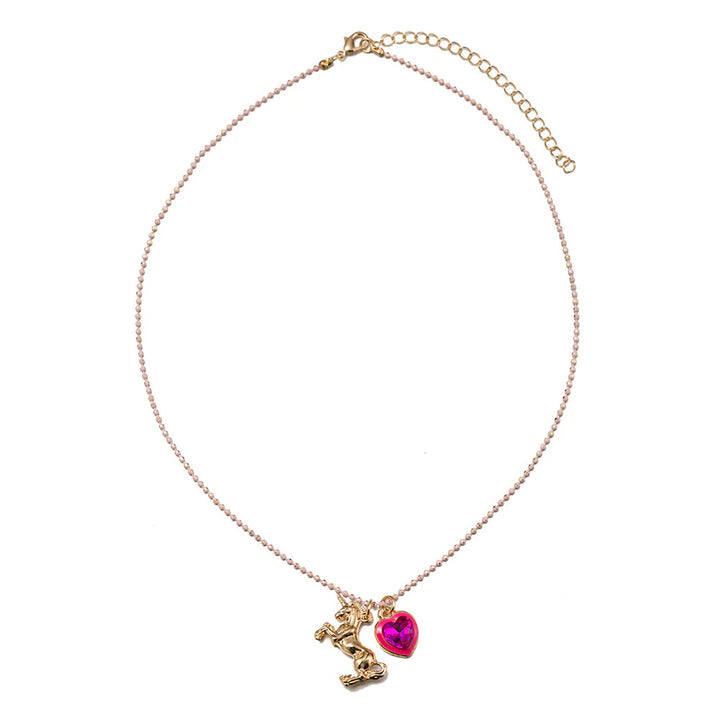 Pink Ballchain Chain Necklace | Pink Crystal Heart & Unicorn Charms