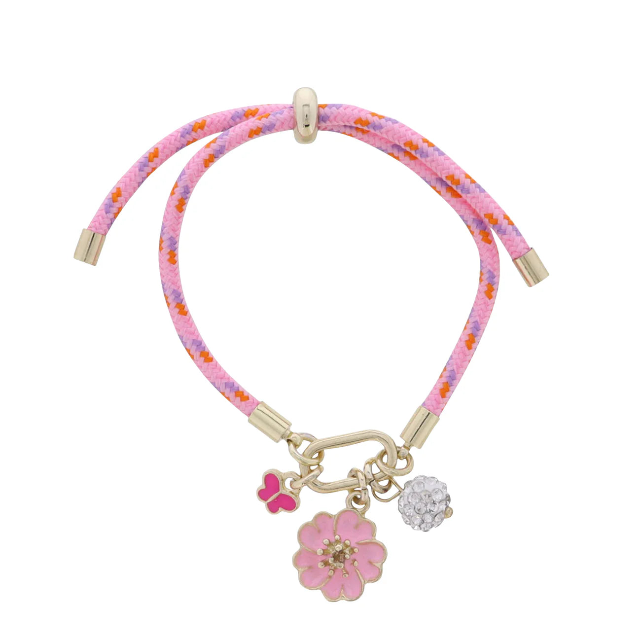 Light Pink & Orange/Lavender Rope Bracelet | Butterfly, Flower, & Crystal Ball Charms