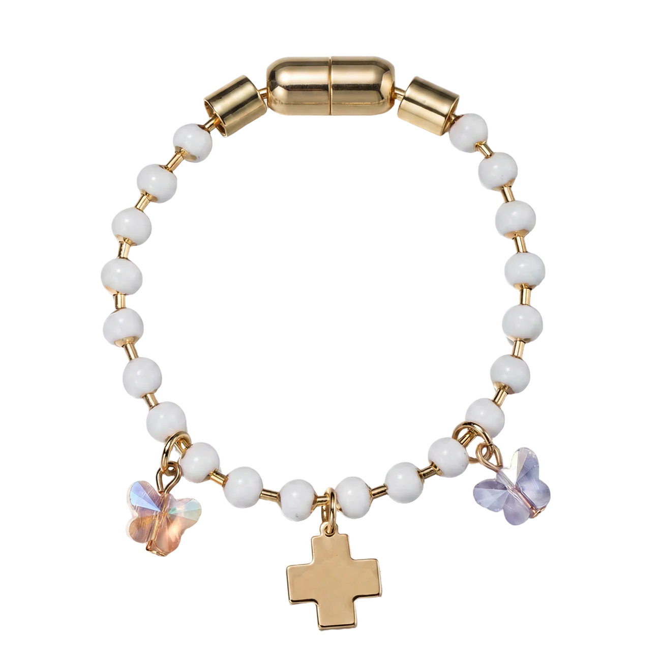 White Ball Beaded Bracelet | Butterflies & Cross Charms