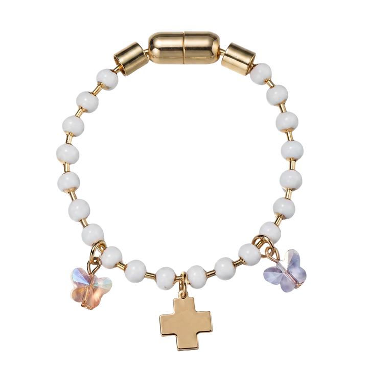 White Ball Beaded Bracelet | Butterflies & Cross Charms