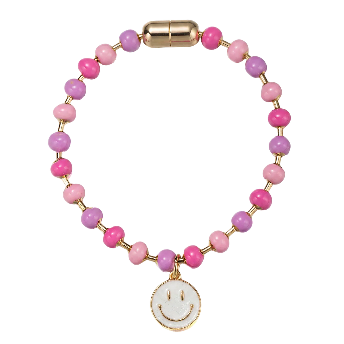 Pink, Purple, & Hot Pink Ball Beaded Bracelet | White Happy Face Charm