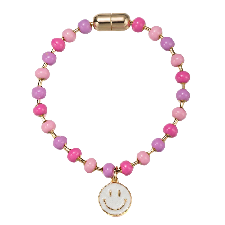 Pink, Purple, & Hot Pink Ball Beaded Bracelet | White Happy Face Charm