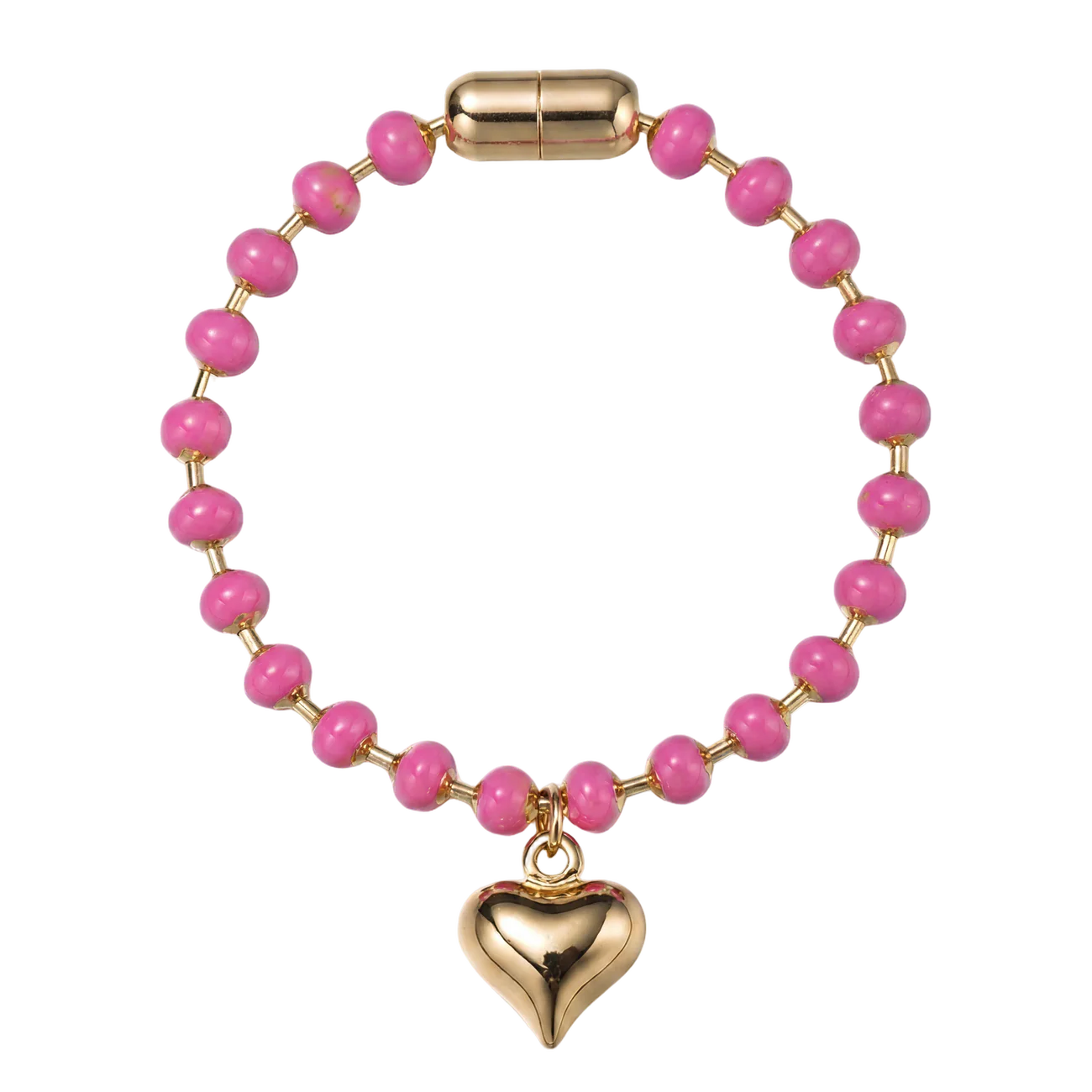Hot Pink Ball Beaded Bracelet | Gold Bubble Heart Charm