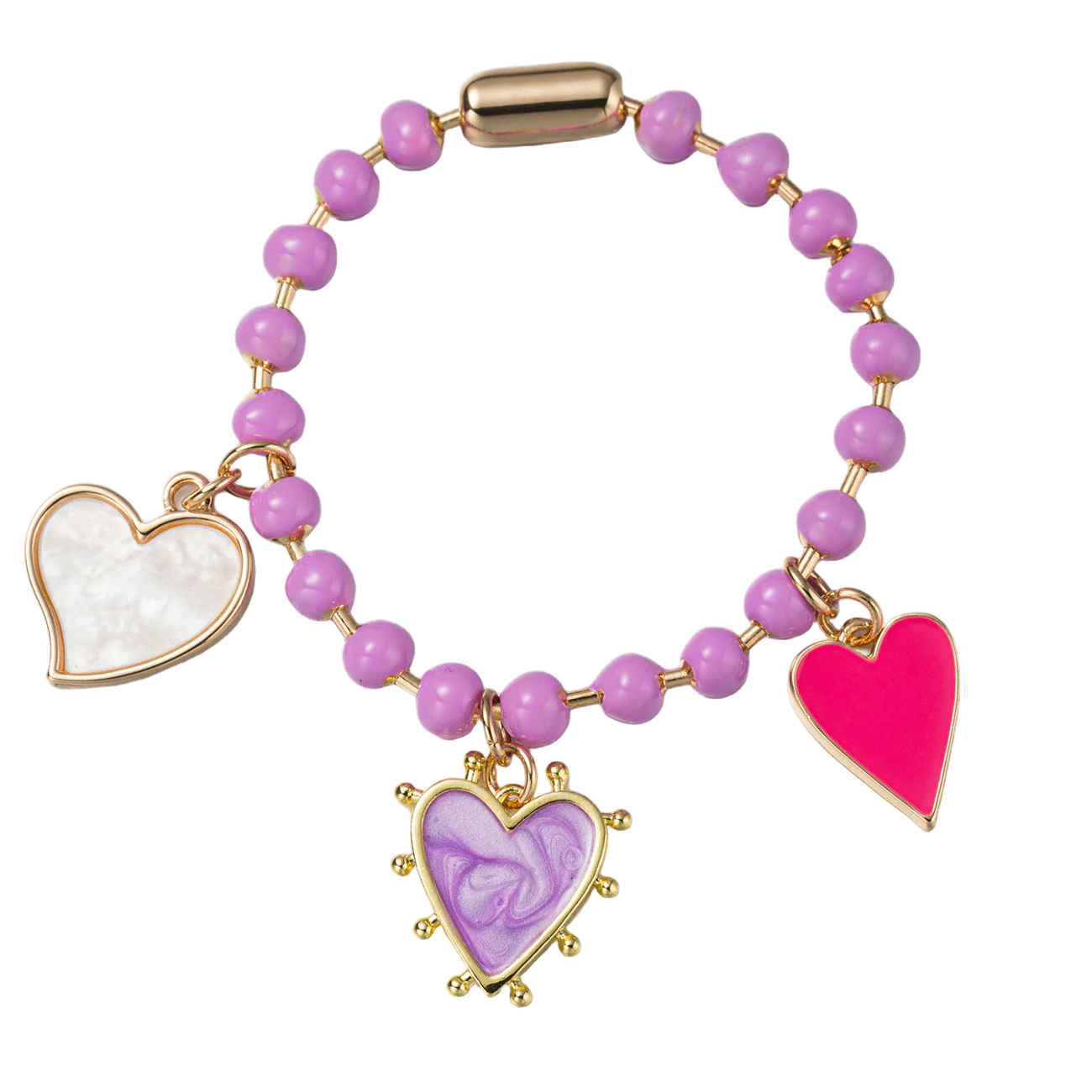 Purple Ball Beaded Bracelet | White, Purple, & Pink Heart Charms