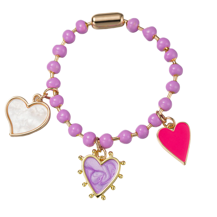Purple Ball Beaded Bracelet | White, Purple, & Pink Heart Charms