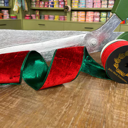 Red Velvet DBL Fused Metallic Dupion Green Piping | 2.5 x 10yd