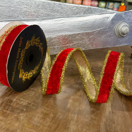 Velvet Metallic Dupion DBL Fused Tinsel Edge Red | 1 x 10yd