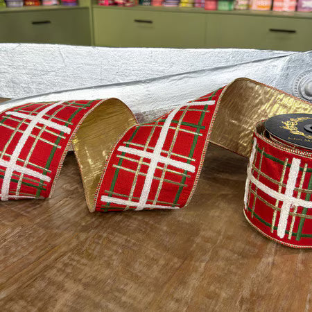 Embroidered Red, Gold, Green Plaid Dupion Fused Gold Metallic | 4 x 5yd