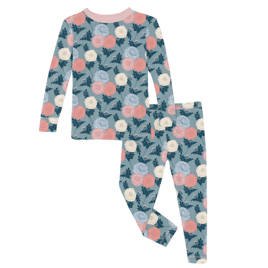 Print Long Sleeve Pajama Set, Stormy Sea Enchanted Floral