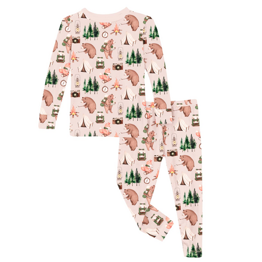 Print Long Sleeve Pajama Set | Latte Camping Animals