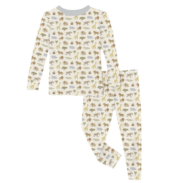 Print Long Sleeve Pajama Set | Natural Mini Safari