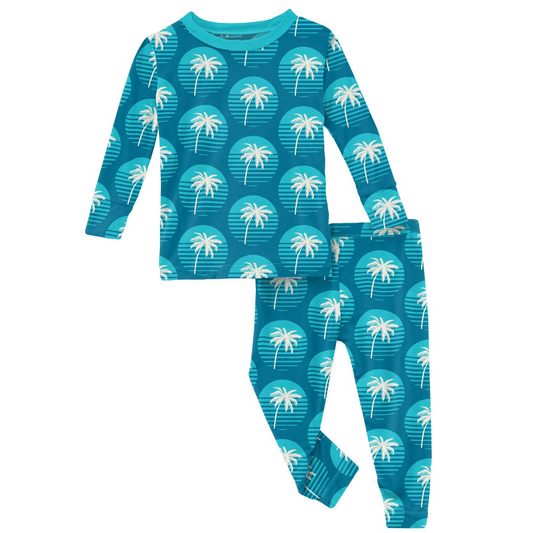 Print Long Sleeve Pajama Set | Cerulean Blue Palm Tree