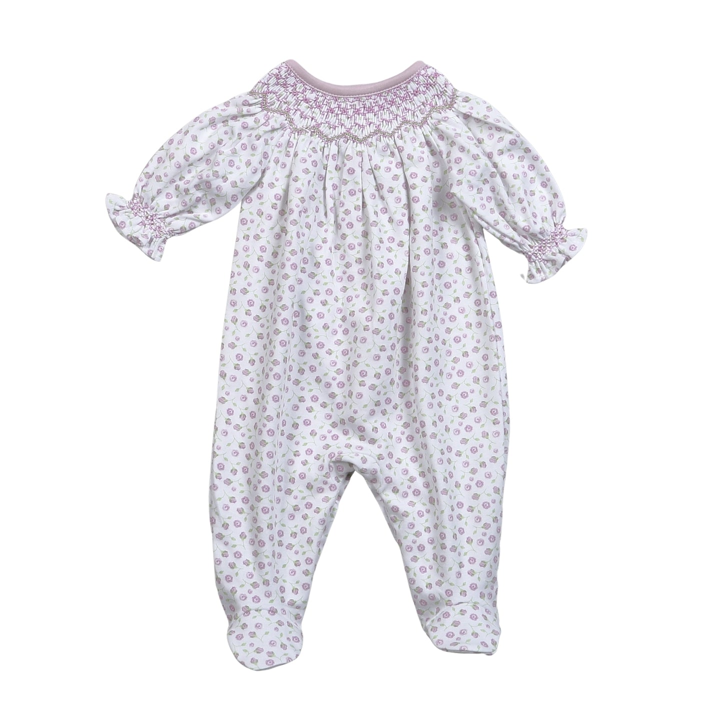 Lyn Purple Floral Pima Hand Smocked Bishop Footie