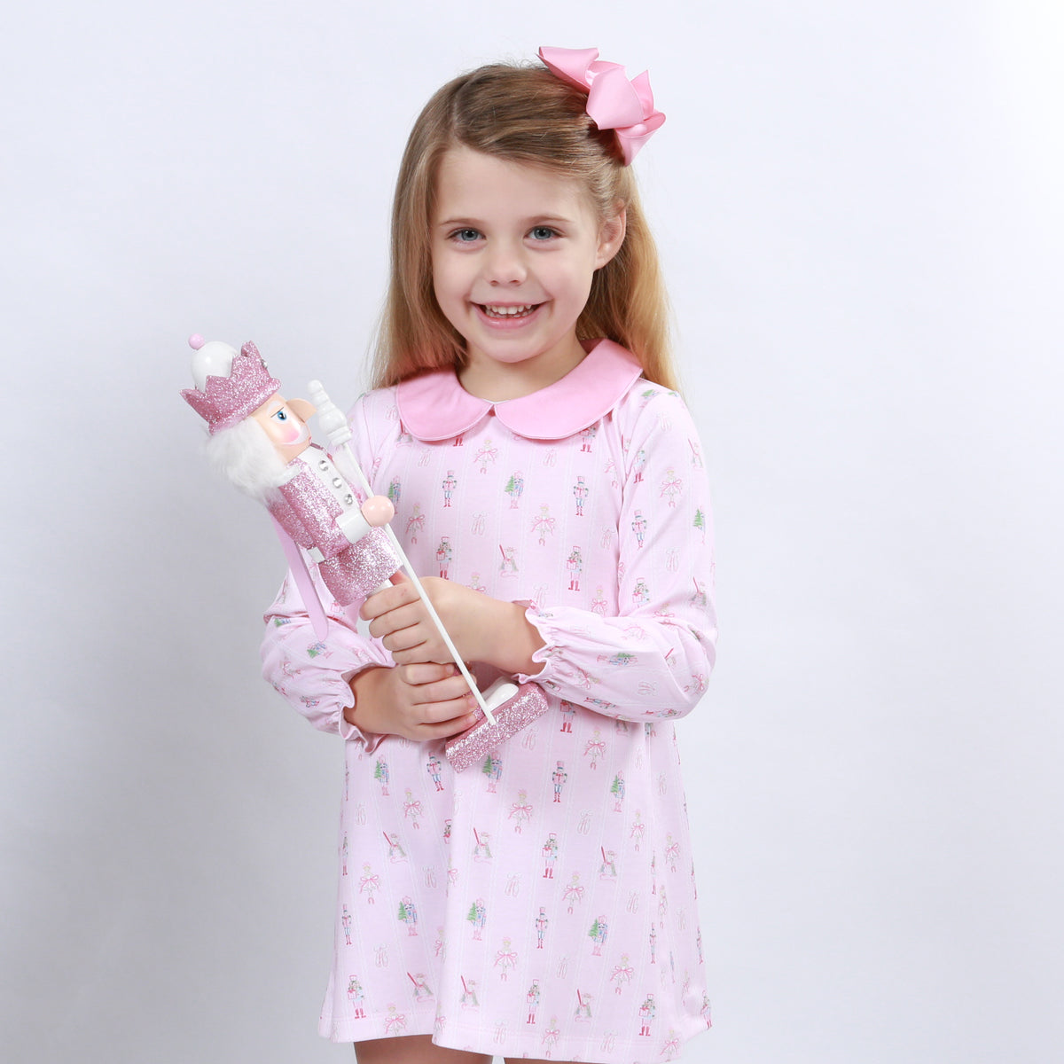 Pink Nutcracker Long Sleeve Pima Scallop Collar Dress