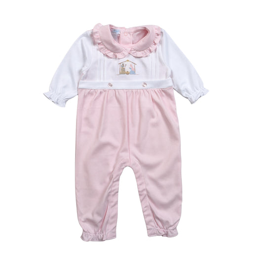 Nativity Hand Embroidered Pima Romper, Pink