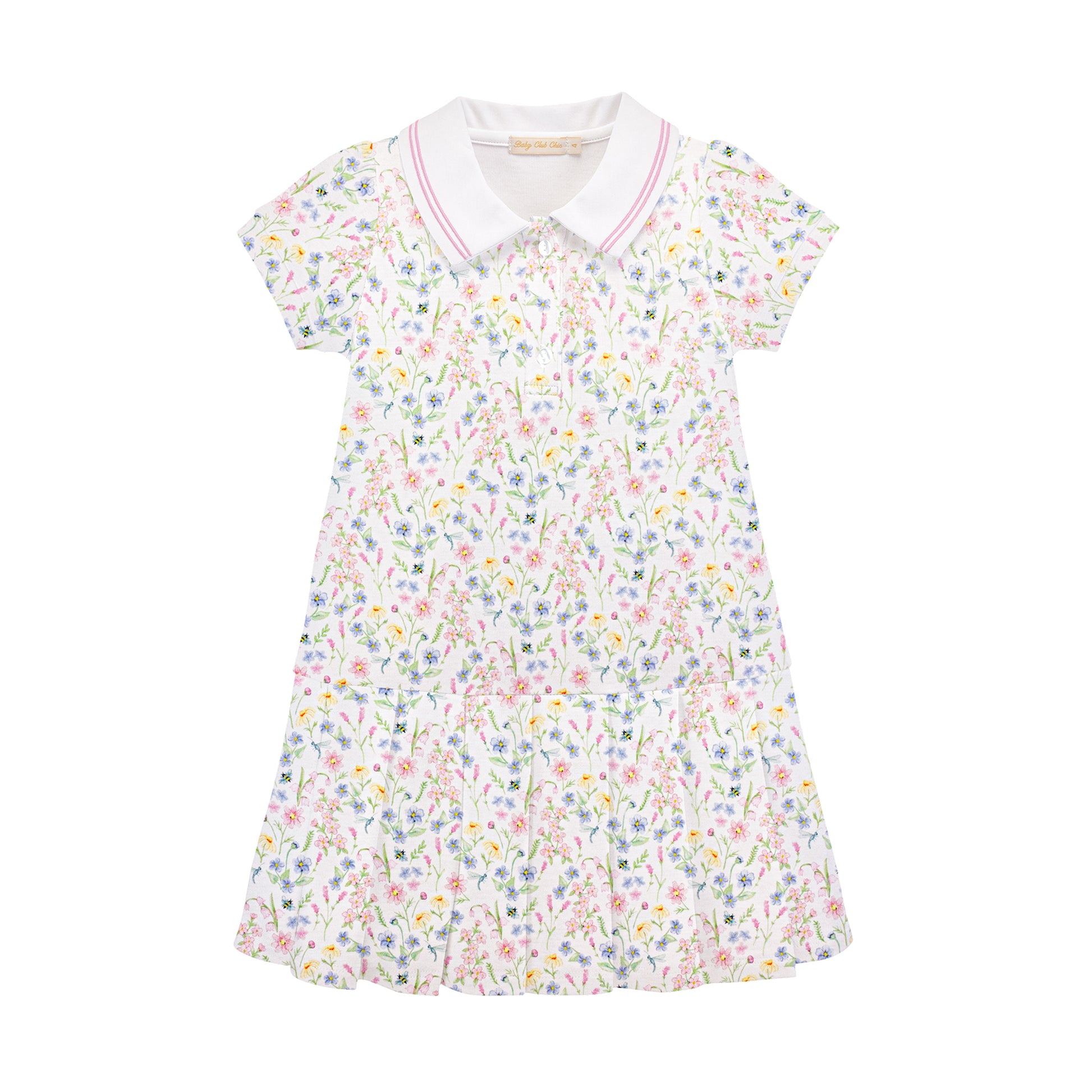 spring blush printed dress w/striped collar