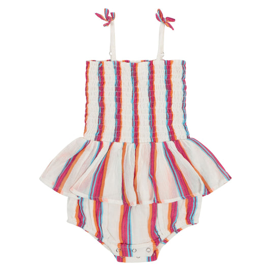 Strappy Smocked Peplum Bubble | Bright Summer Stripe