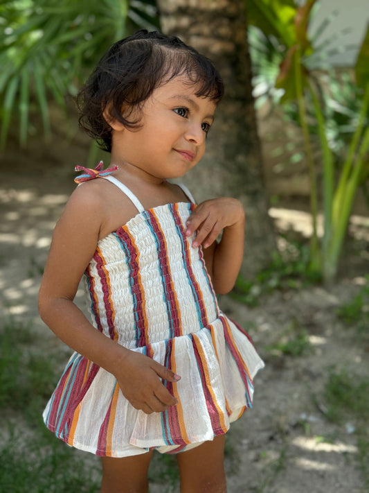 Strappy Smocked Peplum Bubble | Bright Summer Stripe