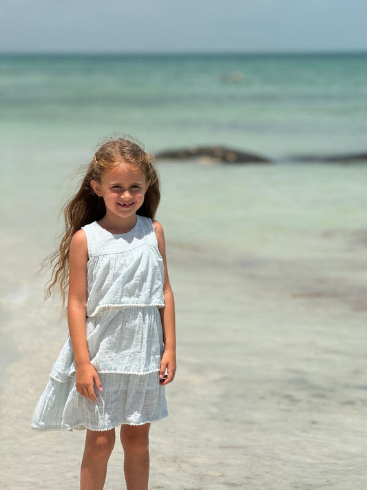 Sleeveless Tiered Dress | Blue + Ivory Mini Stripe
