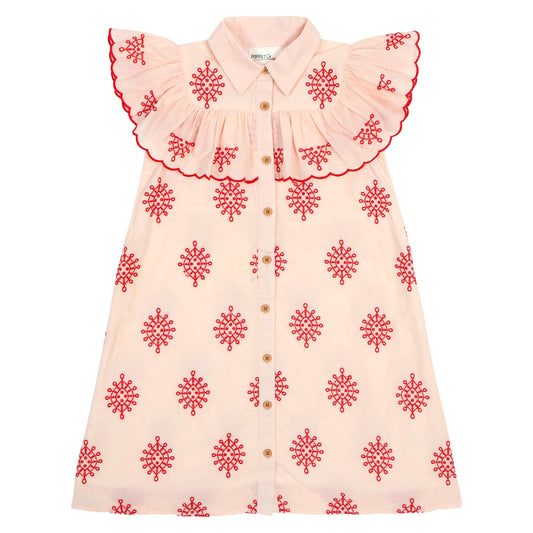 Embroidered Frill-Bib Shirt Dress