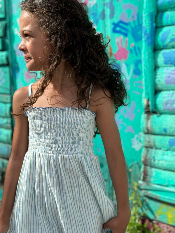 Strappy Tassel Sundress | Blue + Green Stripe