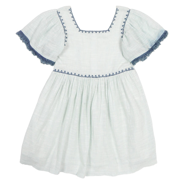 Angel Sleeve Dress | Blue + Ivory Mini Stripe