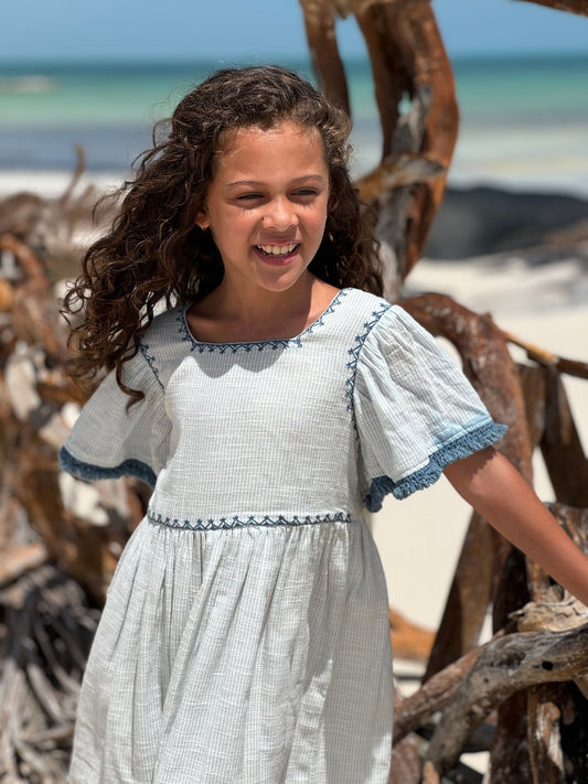 Angel Sleeve Dress | Blue + Ivory Mini Stripe