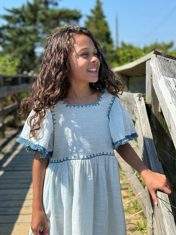 Angel Sleeve Dress | Blue + Ivory Mini Stripe
