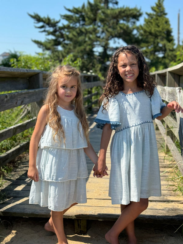 Angel Sleeve Dress | Blue + Ivory Mini Stripe
